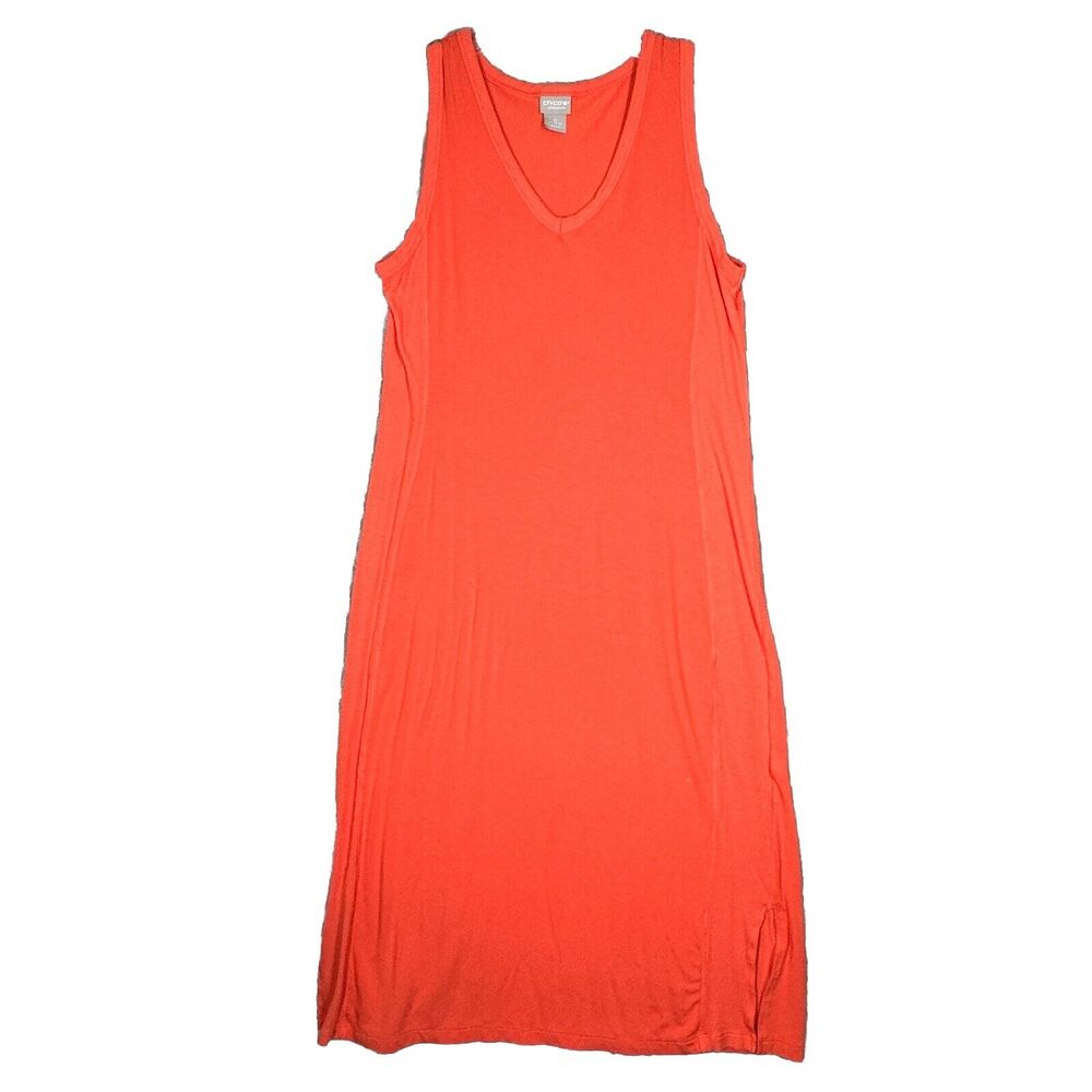 Chicos Dress Women 4/6 Coral Orange Tank Dress Midi Preppy Basic Casual Everyday